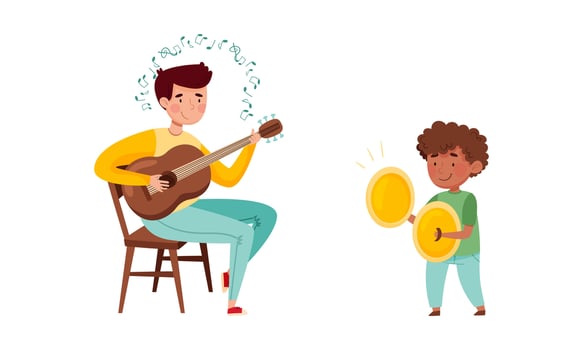 Cute kids playing music set. Girls performing with cymbals and acoustic guitar illustration vector