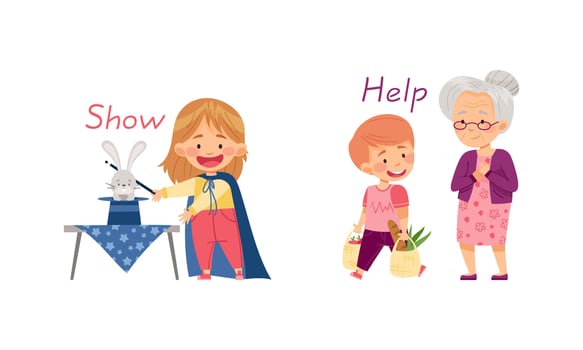Show and Help English action verbs for kids education set. Children doing daily routine activities illustration vector