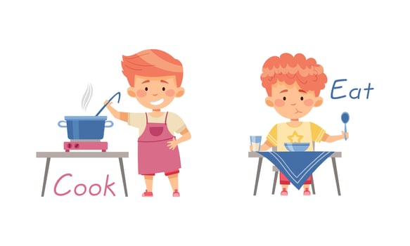 Cook and Eat English action verbs for kids education set. Children doing daily routine activities illustration vector