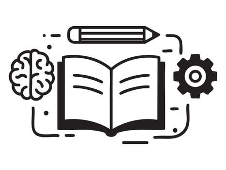 Black and white illustration of open book, pencil, brain, and gear, icon set for education, learning, knowledge, school, and study concepts, isolated on white background vector