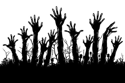 Multiple zombie hands reaching upward in black silhouette style on white background, symbolizing horror, fear, and the undead rising vector