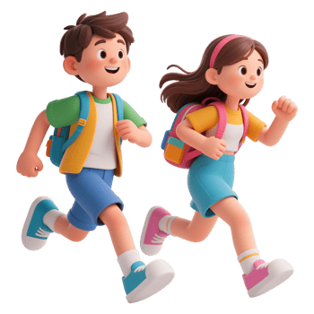 Two cheerful schoolchildren running with backpacks png