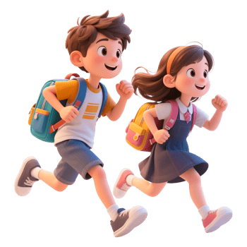 Two Cheerful School Children Running with Backpacks png