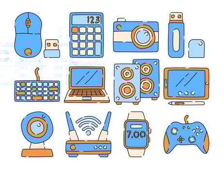 Doodle tech device icons including laptop, router, camera, keyboard, and more. Great for digital projects, tech infographics, UI, and web design. vector