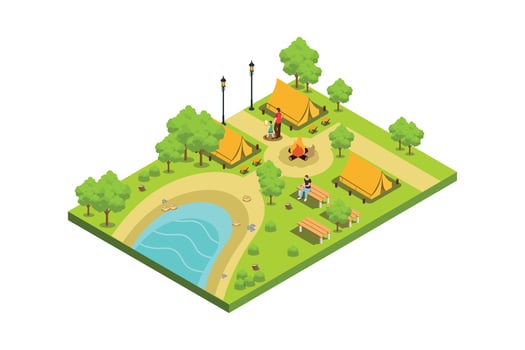 Isometric illustration of camping vacation composition with camping tent, campfire cooking campsite near river boat illustration vector
