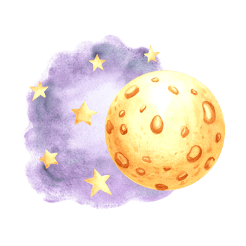 Yellow full moon and stars in night sky watercolor isolated illustration for kids design. Cute hand drawn selestial round luna. Decoration element for nursery or baby textile. Clipart of fairy dream. png