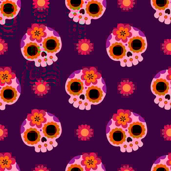Seamless Mexican-style pattern with skulls and flowers. Colorful Day of the Dead motif perfect for textile design, wrapping paper, scrapbooking, and background use. Folk art illustration vector