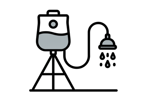 Camping shower icon in black line style showing a hanging water container with a hose and dripping showerhead, symbolizing hygiene outdoors. png
