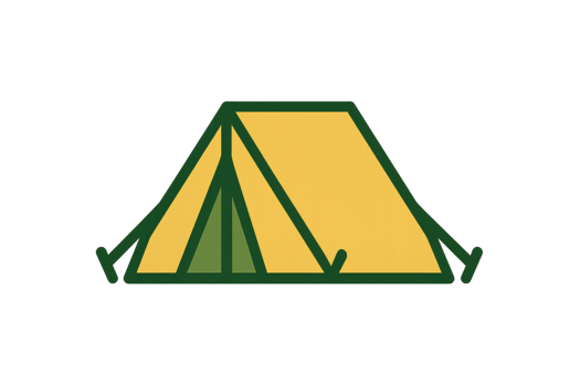 yellow and green outlined camping tent icon, symbolizing outdoor adventure, travel, and nature-based overnight stays. png