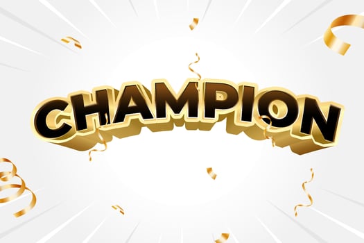 Golden champion lettering celebrating victory with falling confetti on light gray background vector