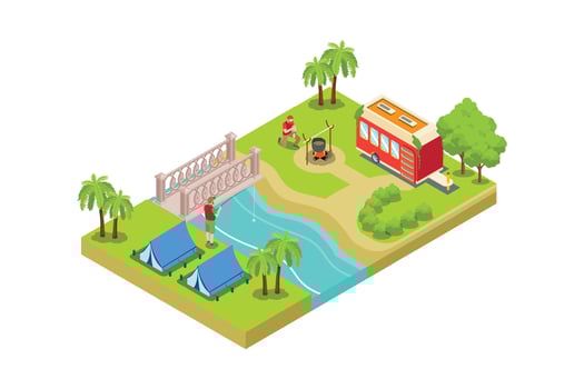 Camping and fishing illustration with palm trees vector