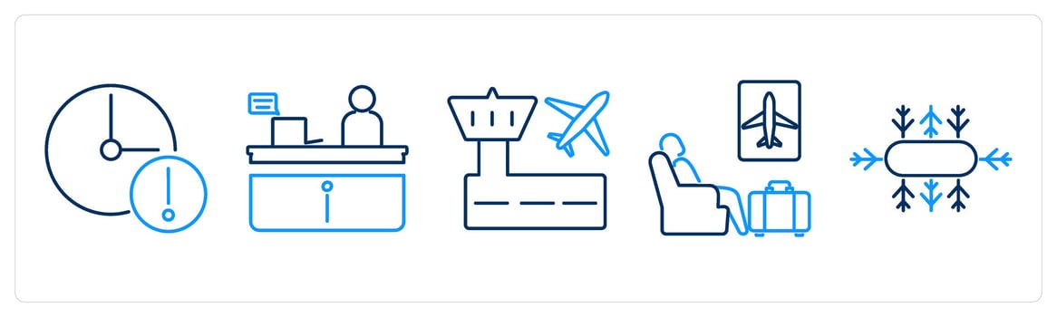 5 Airport icons as delay, information desk, airport vector