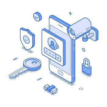 Smartphone user account security personal data information protect minimalist isometric vector