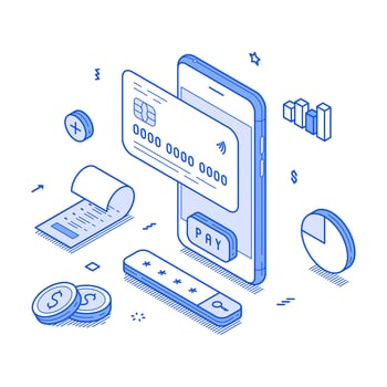 Online banking smartphone application financial cashless transaction minimalist isometric vector