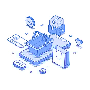 Online shopping marketplace order smartphone application minimalist isometric vector