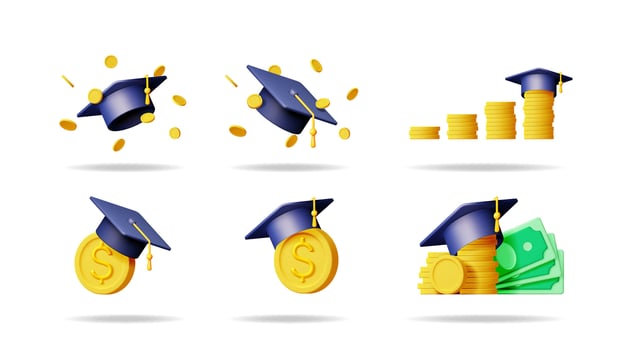 Graduation cap with money and coin stack, set of education funding and college scholarship 3d icons. Financial aid for learning concept. vector