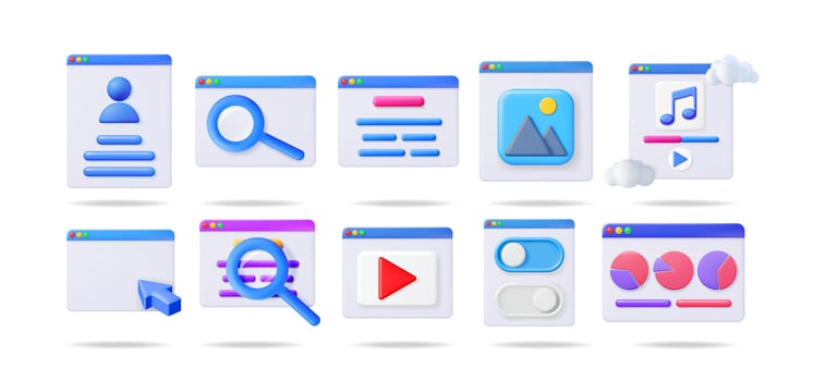 Set of 3d interface elements. User profile, search bar, text box, image, music player, empty window, , toggle, and chart windows. vector