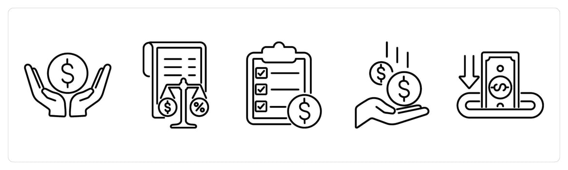 5 accounting icons as save money, balance sheet, policies in black bold vector
