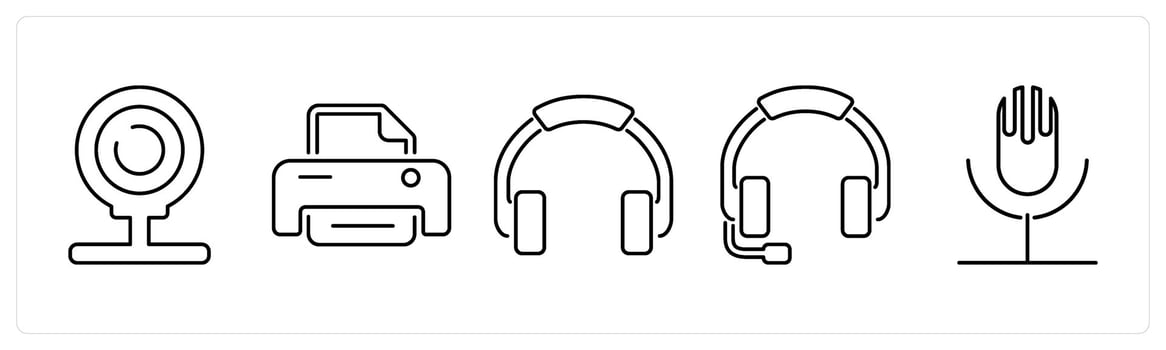5 Computer Parts icons as web cam, printer, headphone in black bold vector