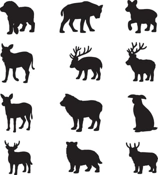 Twelve silhouettes of wild animals in black vector