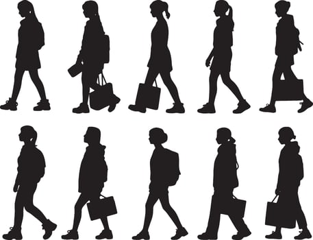 silhouettes of people walking with bags and backpacks vector