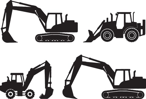 Heavy equipment silhouettes excavators loaders construction machinery vector