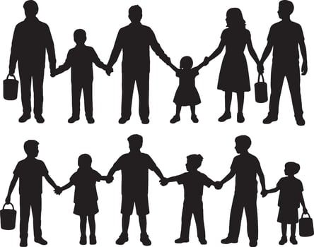 Silhouettes of families holding hands with buckets vector