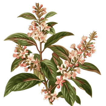 Vintage Botanical Illustration Of Delicate Pink Flowers And Green Leaves On Twigs png