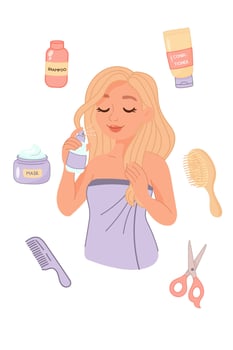 Blonde woman using hair spray with beauty icons vector