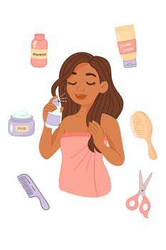 Black woman spraying hair mist with haircare items vector