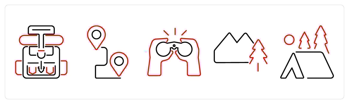 5 Adventure icons as backpack, journey, binoculars in red bold vector