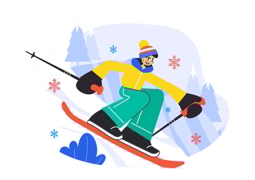 Cartoon Flat Style Ski Resort Illustration with People Skiing on Icy Slopes vector