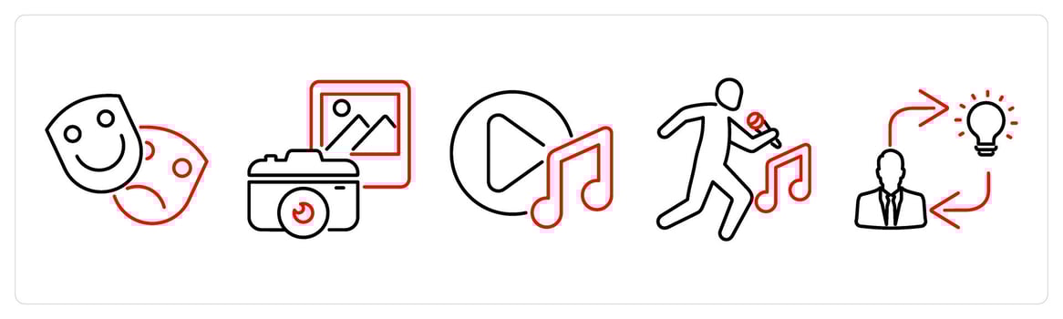 5 Art icons as theater, photography, music in red bold vector