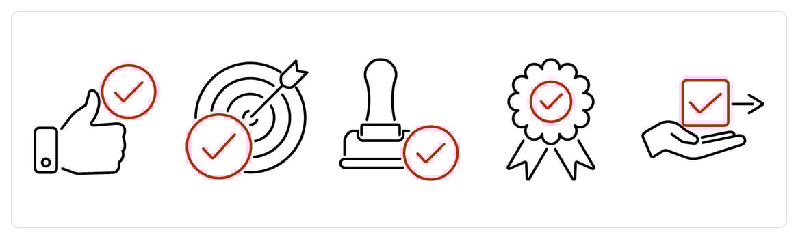 5 Checkmark icons as endorsement, success, stamp in red bold vector