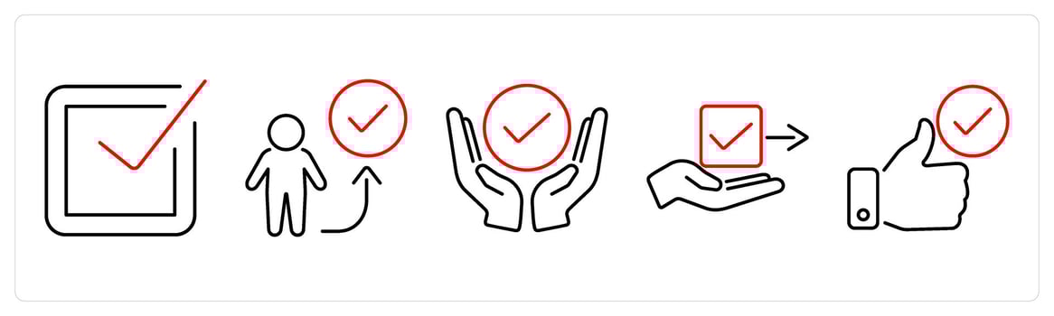 5 Checkmark icons as tick, right way, support in red bold vector