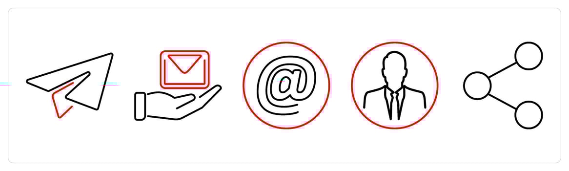 5 Contact icons as paper plane, email, at the rate in red bold vector