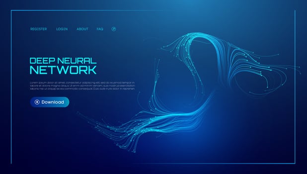 Neural network background with AI data in abstract tech waves. Blue science with artificial flow and digital light lines. Future graphic technology pattern in 3D banner concept design. vector