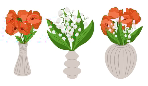 Three floral arrangements with poppies and lily of the valley in decorative vases. Botanical interior decor and seasonal bloom concept in flat hand drawn style vector