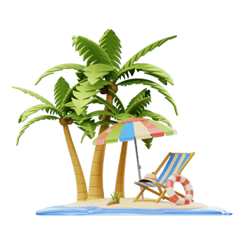 A cartoon beach scene with palm trees and a beach chair png