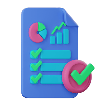 A blue document with a check mark and a pie chart png