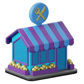 A small blue and purple building with a fork and knife on it png