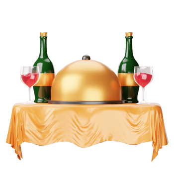A table with two wine glasses and a gold dome png