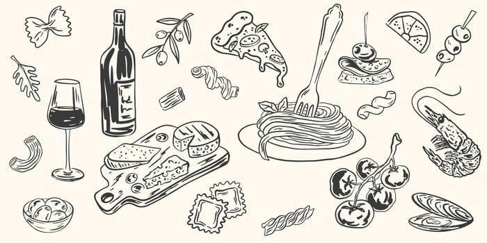 Hand drawn crayon food illustration. Sketch style lunch or dinner, mediterranean. of wine, charcuterie, spaghetti illustrations for invitations, menus, parties., La dolce vita italian style vector
