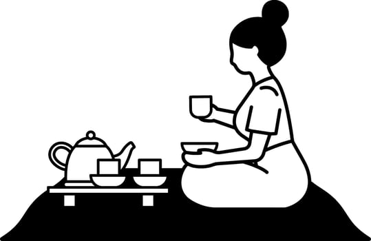 black and white illustration a woman drinking tea vector