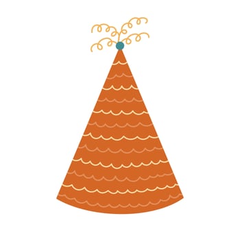 Lovely colourful birthday party hat with swirl lines above, wavy horizontal line ornament. Hand drawn striped party paper cone for carnival, quiz, holiday. Simple flat Christmas cap isolated on white. vector