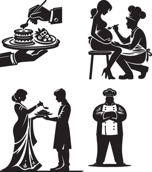 A collection of black and white silhouette illustrations depicting food and pregnancy themes together here vector