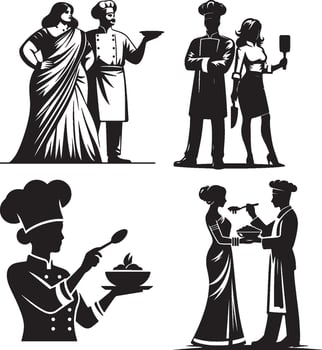 A collection of black and white illustrations featuring chefs and women in various poses and attire vector