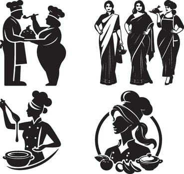 Collection of chef and indian women in black and white illustration design set isolated vector
