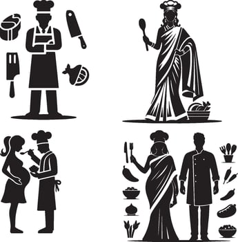 A compilation of chef illustrations with various themes and cultural representations in black and white vector