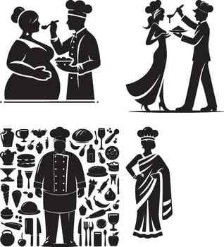 Chef silhouettes in various scenarios including feeding, cooking, and wearing traditional attire vector